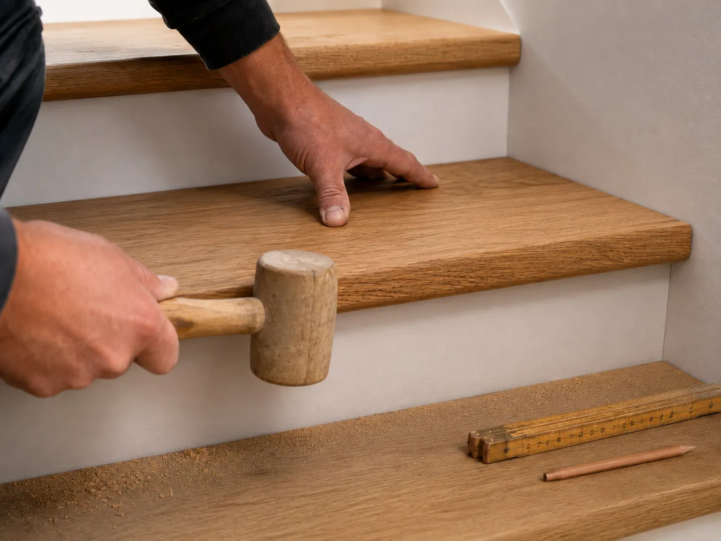 Hands tapping a solid oak stair tread into place with a wooden mallet, beside a folding rule and pencil