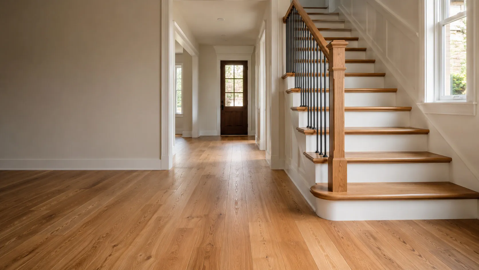 Bright entryway with a finished oak hardwood floor leading to an oak staircase