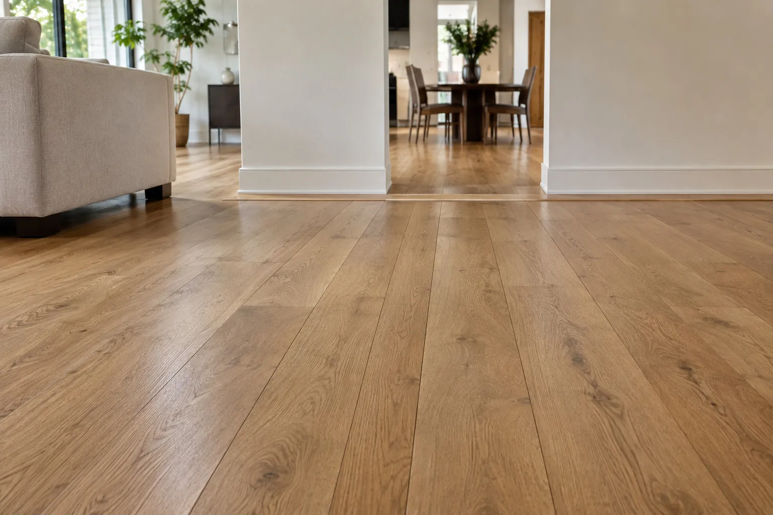 Wide-plank oak floor running through a bright open-plan living room