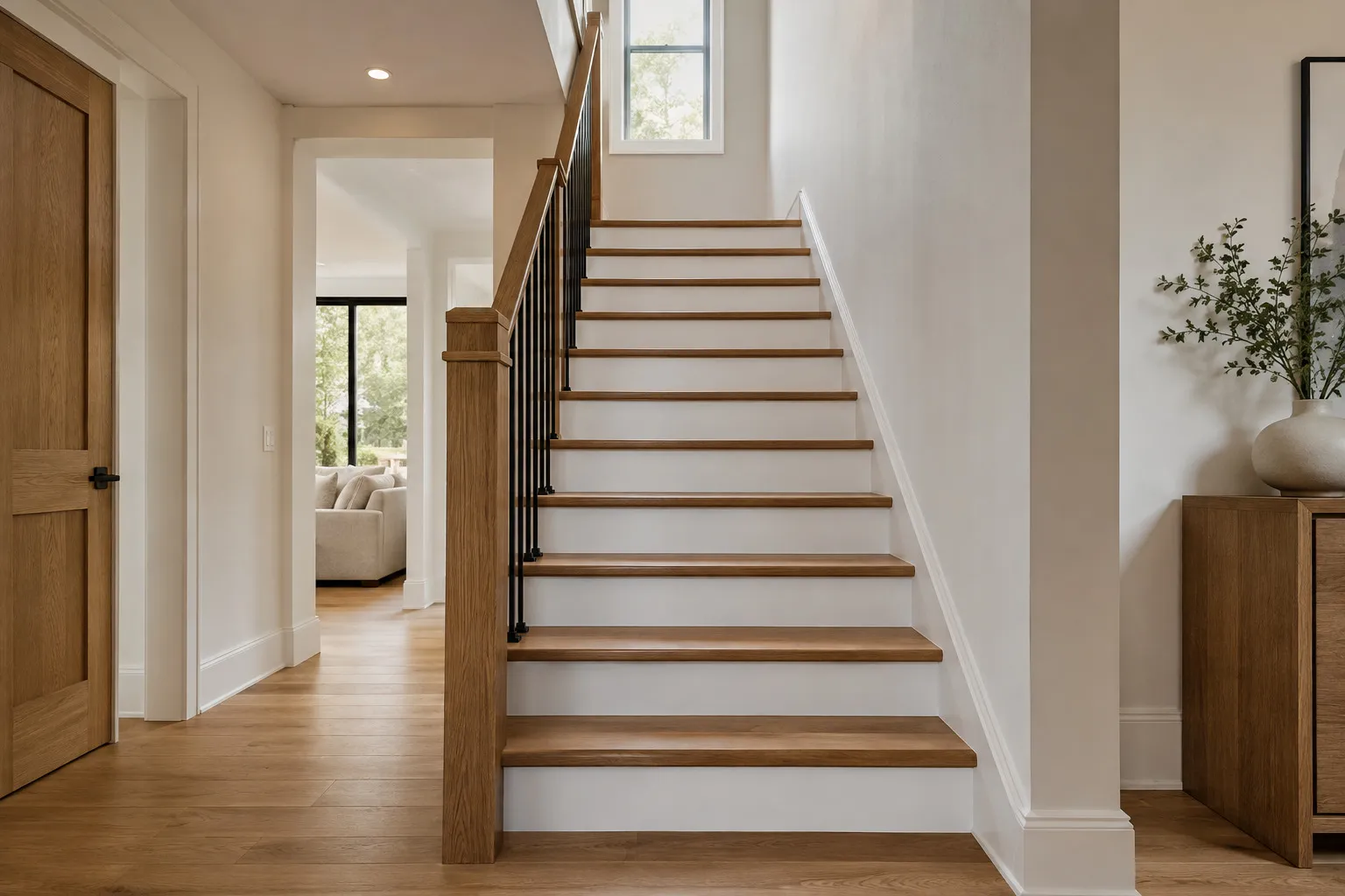 Oak staircase with white risers, black metal balusters and a square newel post